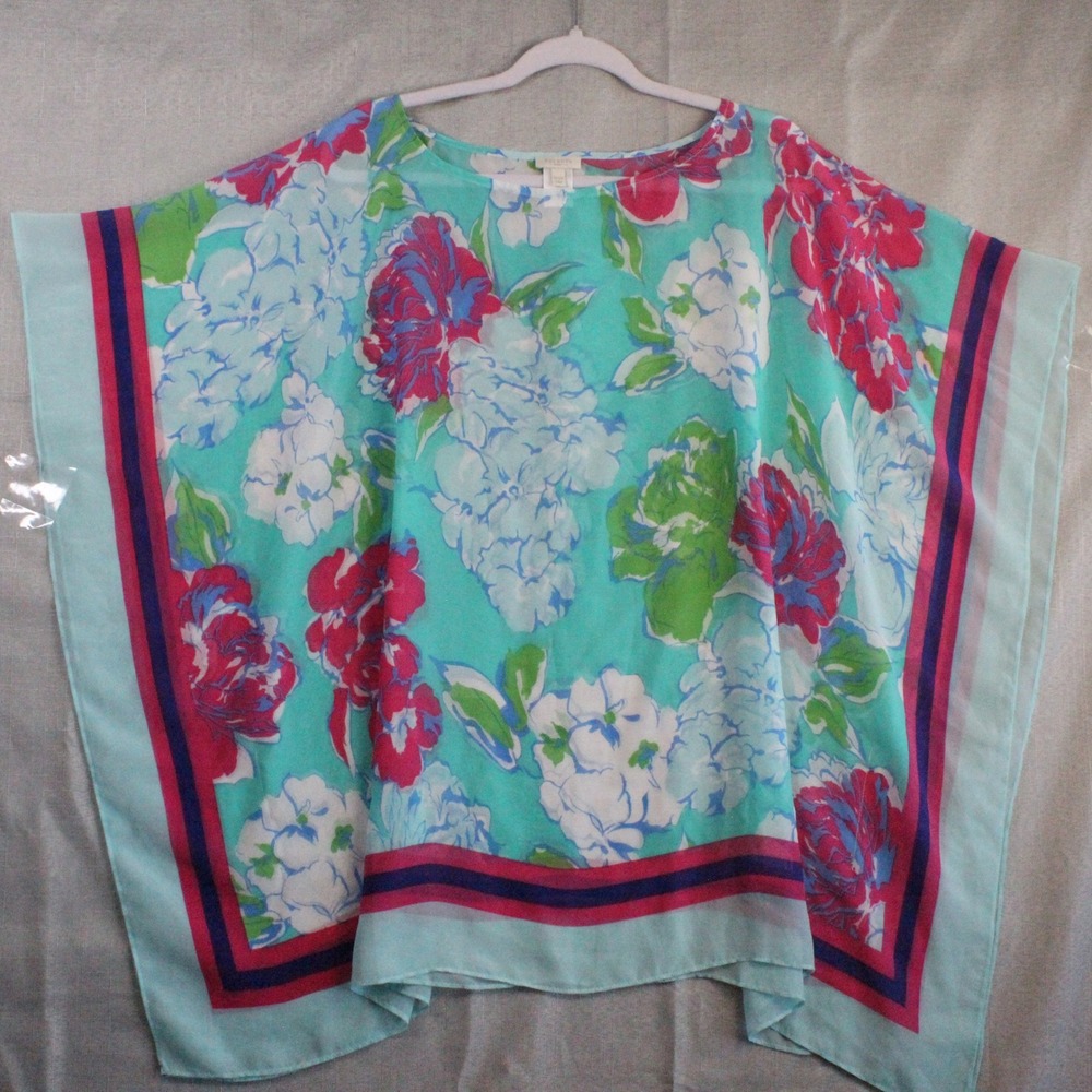 Talbots Floral Kaftan Top 1X/2X Turquoise Boho Coastal Grandma Sheer Blouse
